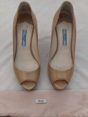Prada Beige Patent Leather Peep Toe Cork Wedge Pump